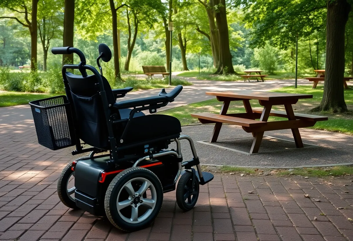 Park with electric wheelchair and picnic table