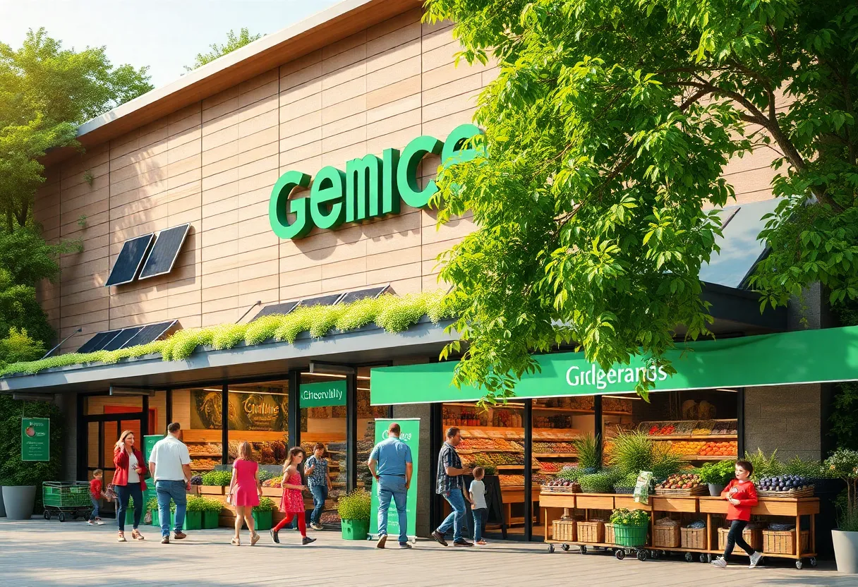 Facade of the new H-E-B store in Georgetown with greenery.