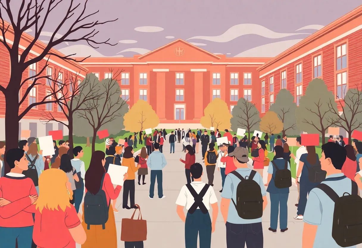 Illustration of university students engaging in political discussions and protests