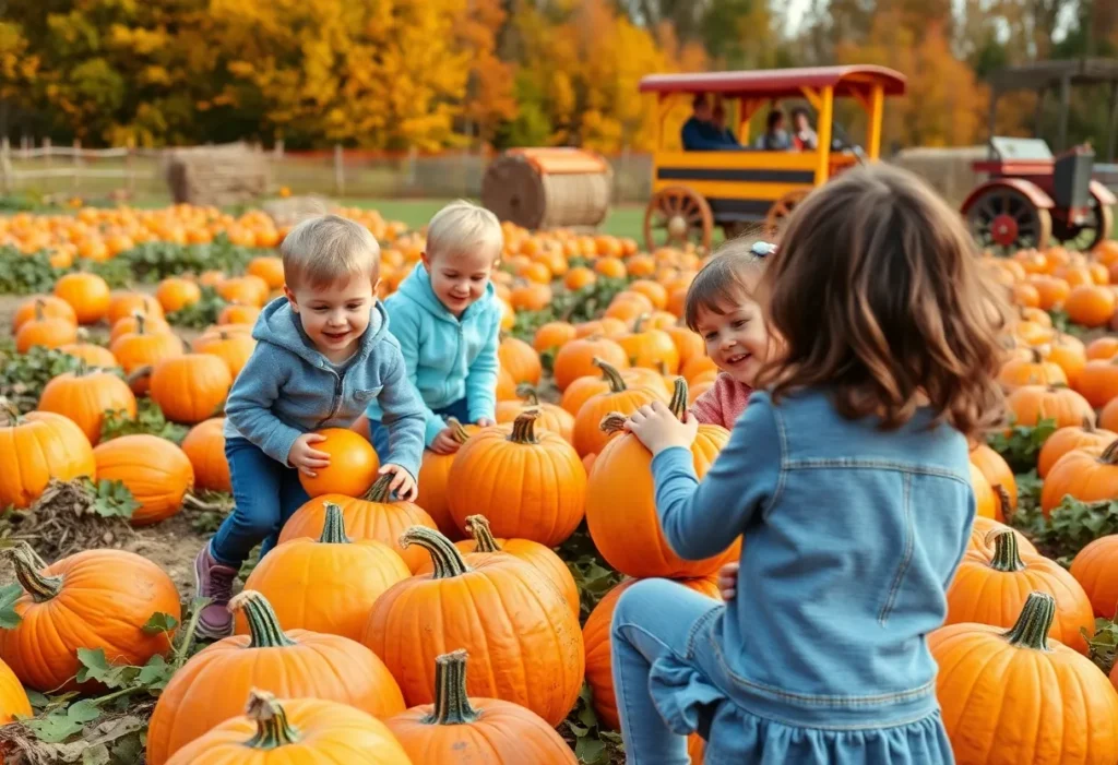 Families enjoying activities at a pumpkin patch in Austin during autumn.