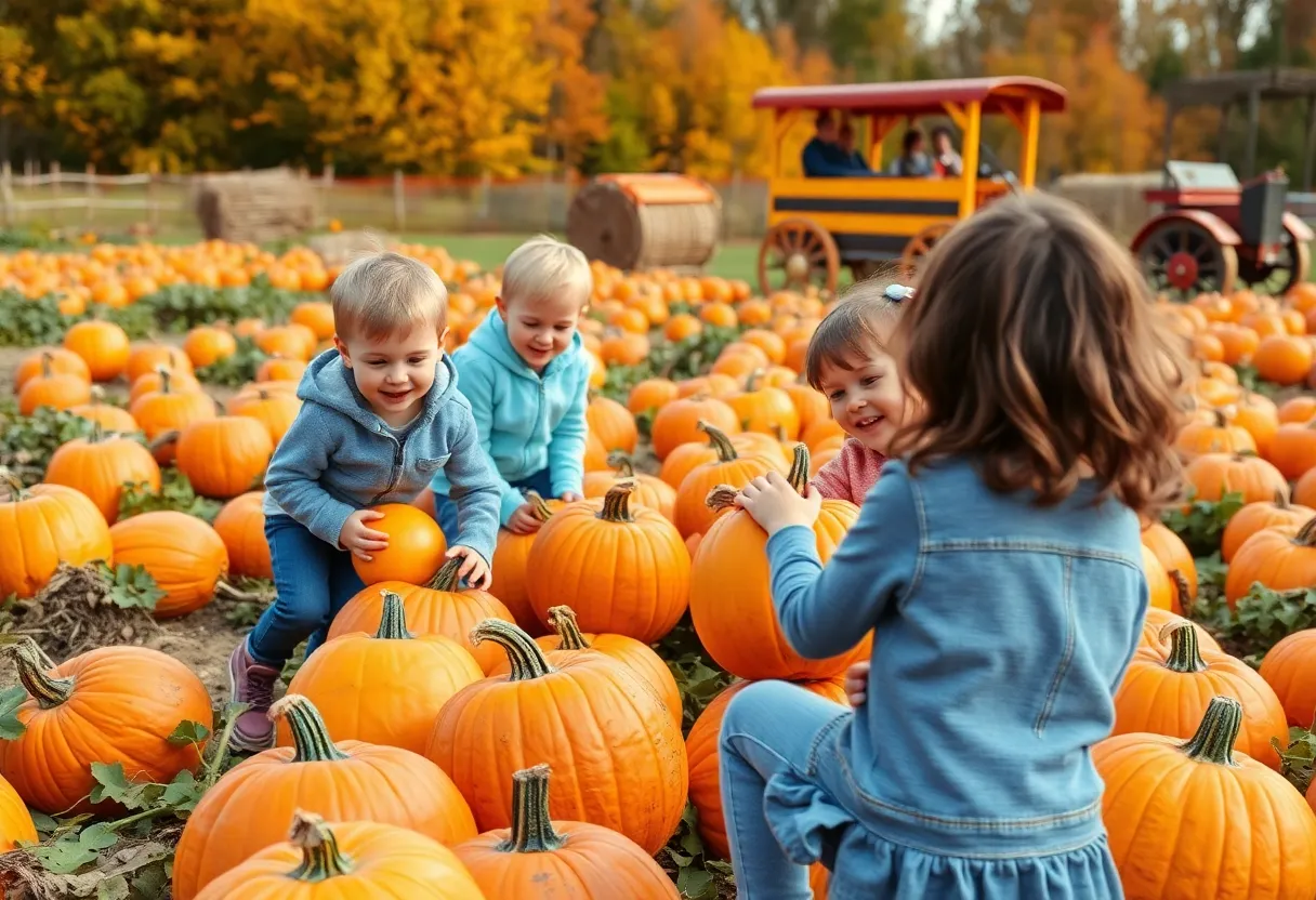 Families enjoying activities at a pumpkin patch in Austin during autumn.