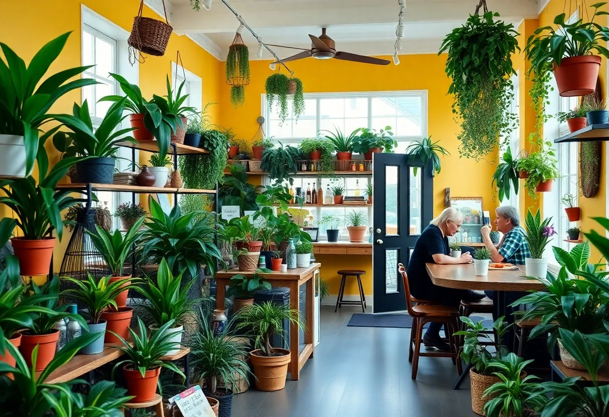 Interior of Root to Rise Plant Shop with indoor plants and handcrafted goods