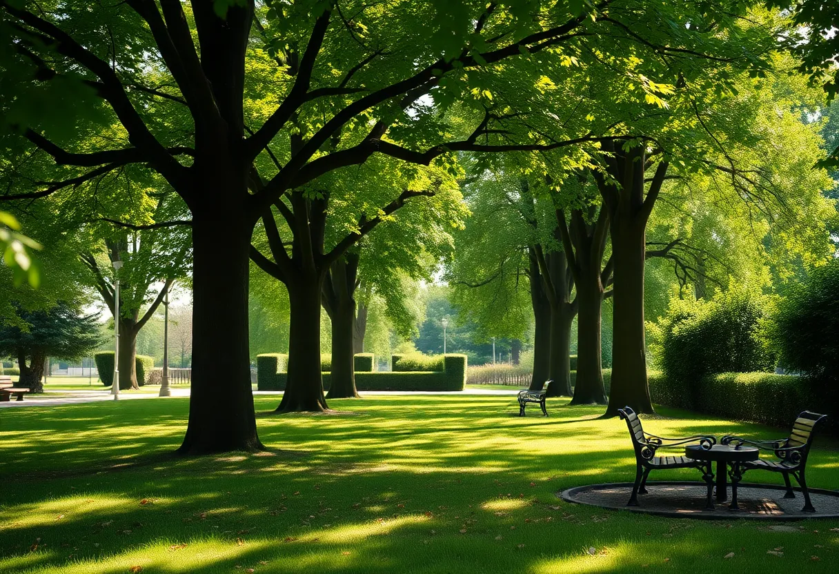A peaceful park scene representing community and remembrance.