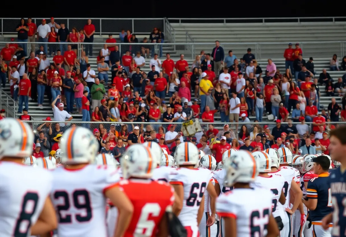 Texas high school football game with fans and players