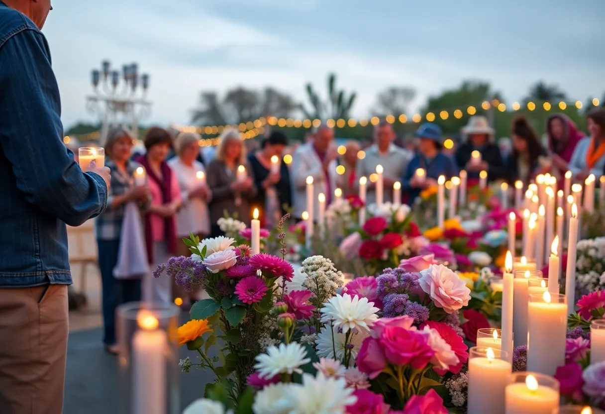 Candles and flowers at a community tribute event