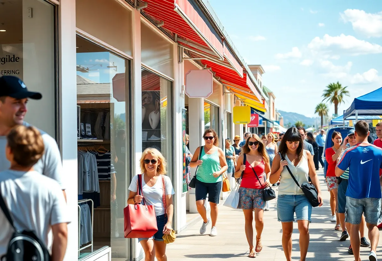 Busy retail street with shoppers enjoying summer sales