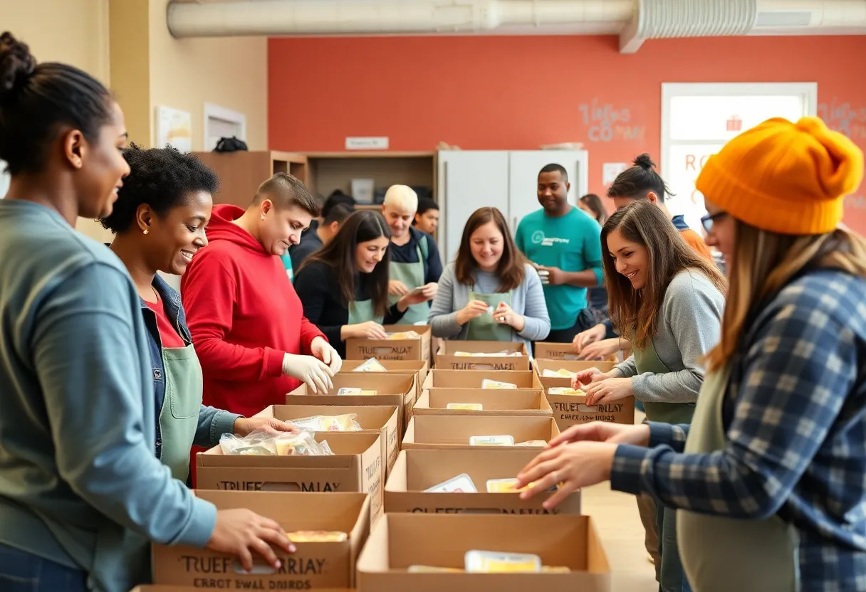 Volunteers packing meals at the Feed The City event in Austin.
