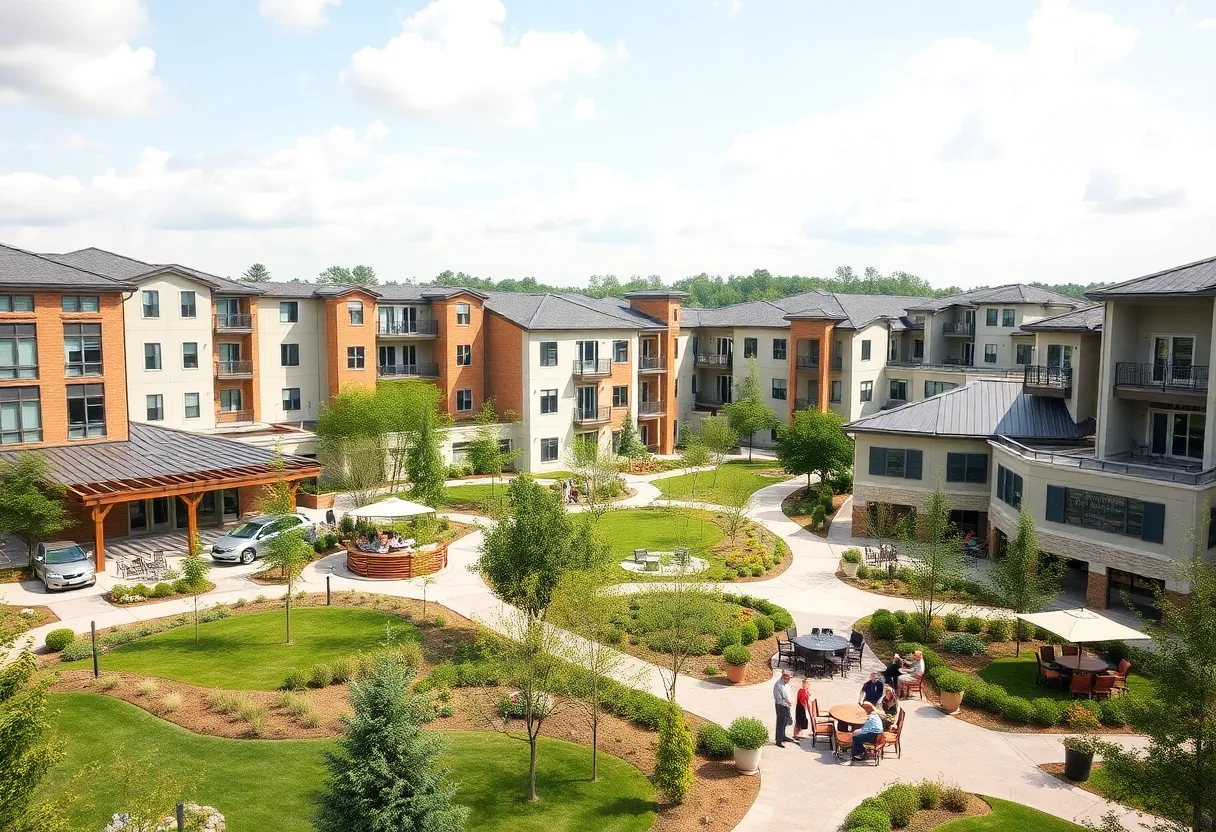 Modern senior living community with lush greenery