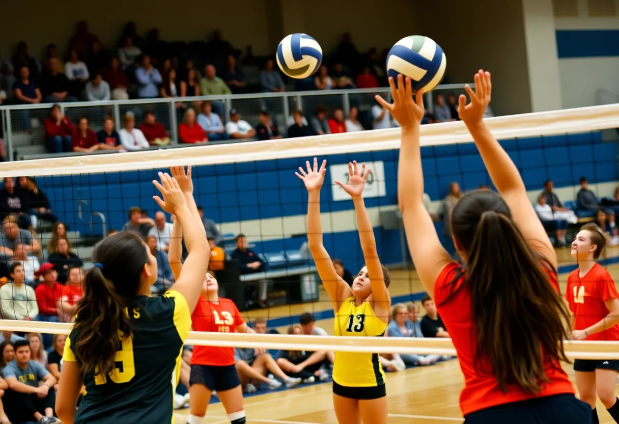 Players from Westlake and Georgetown in a volleyball match