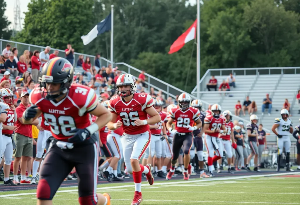High school football players on the field during a game.
