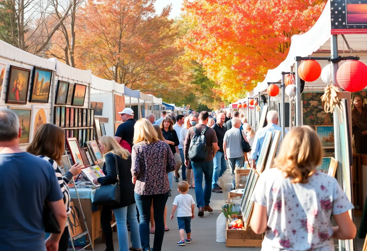 Families enjoying the Autumn Art Stroll in Georgetown with various art exhibits.