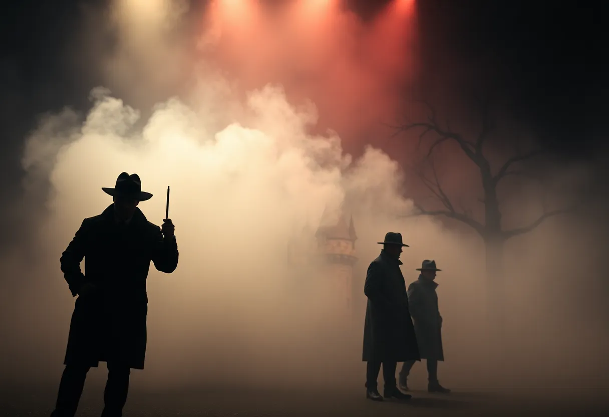 A scene from Baskerville: A Sherlock Holmes Mystery theatrical production showing a foggy backdrop with detectives.