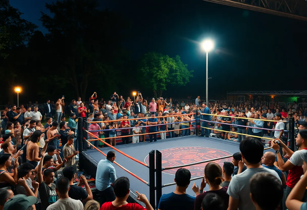 Crowd cheering at the Bouts at the Ballpark boxing event at Southwest University Park
