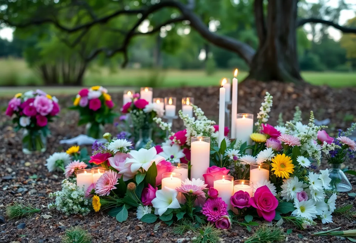 Memorial setup with flowers and candles in Georgetown, Texas.