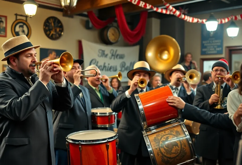 A band performing on stage with various musical instruments.