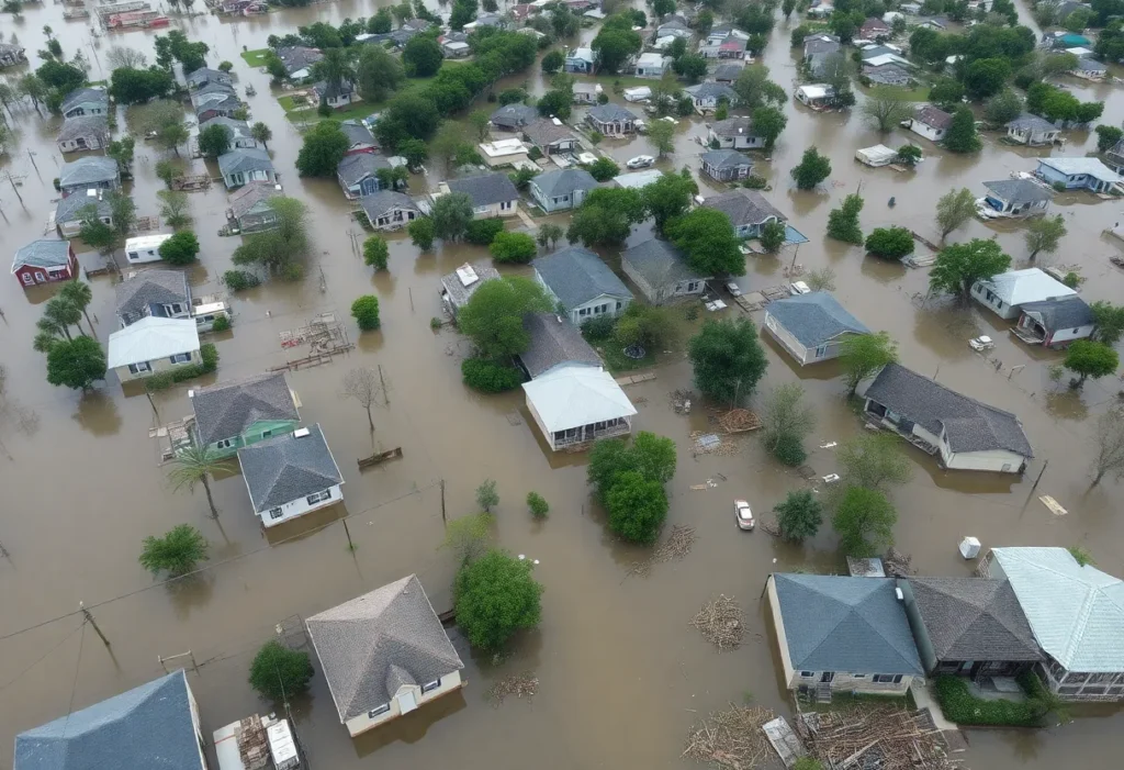 Aerial view of flooded homes and ongoing community recovery efforts in Central Texas.