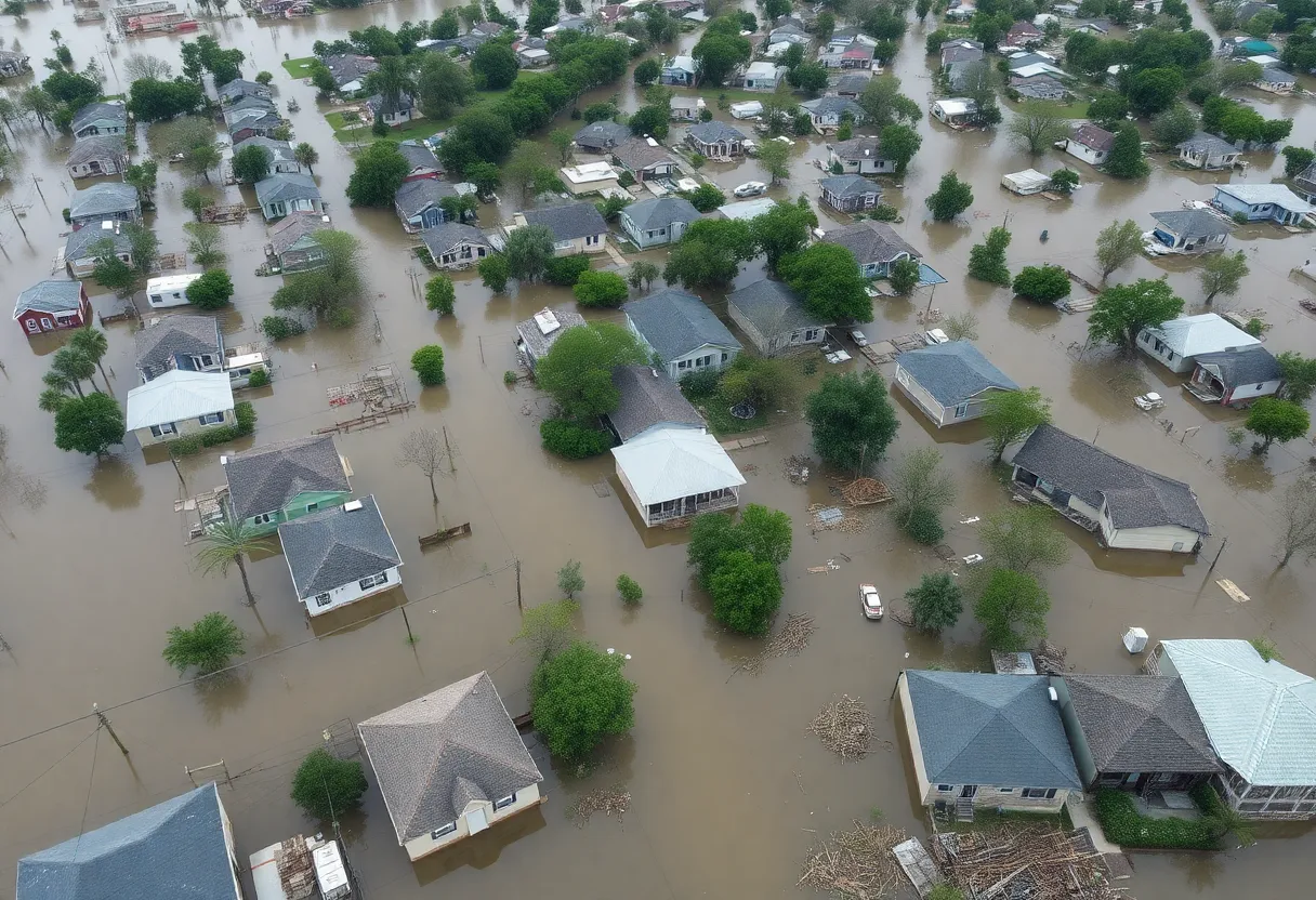 Aerial view of flooded homes and ongoing community recovery efforts in Central Texas.