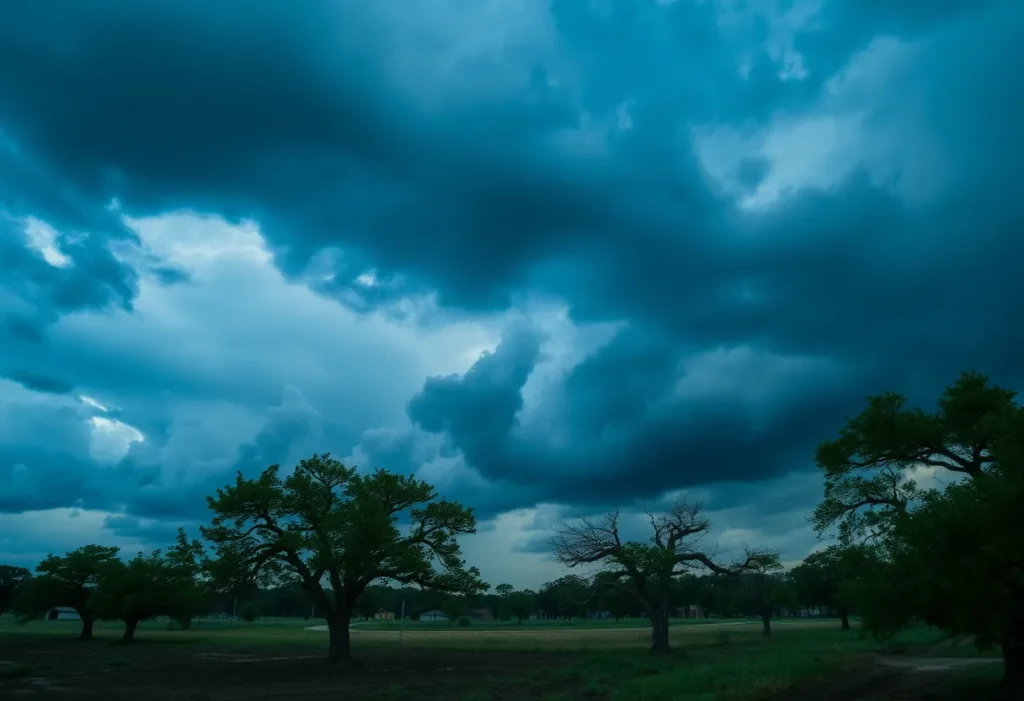 Dark clouds over Central Texas indicating severe weather conditions