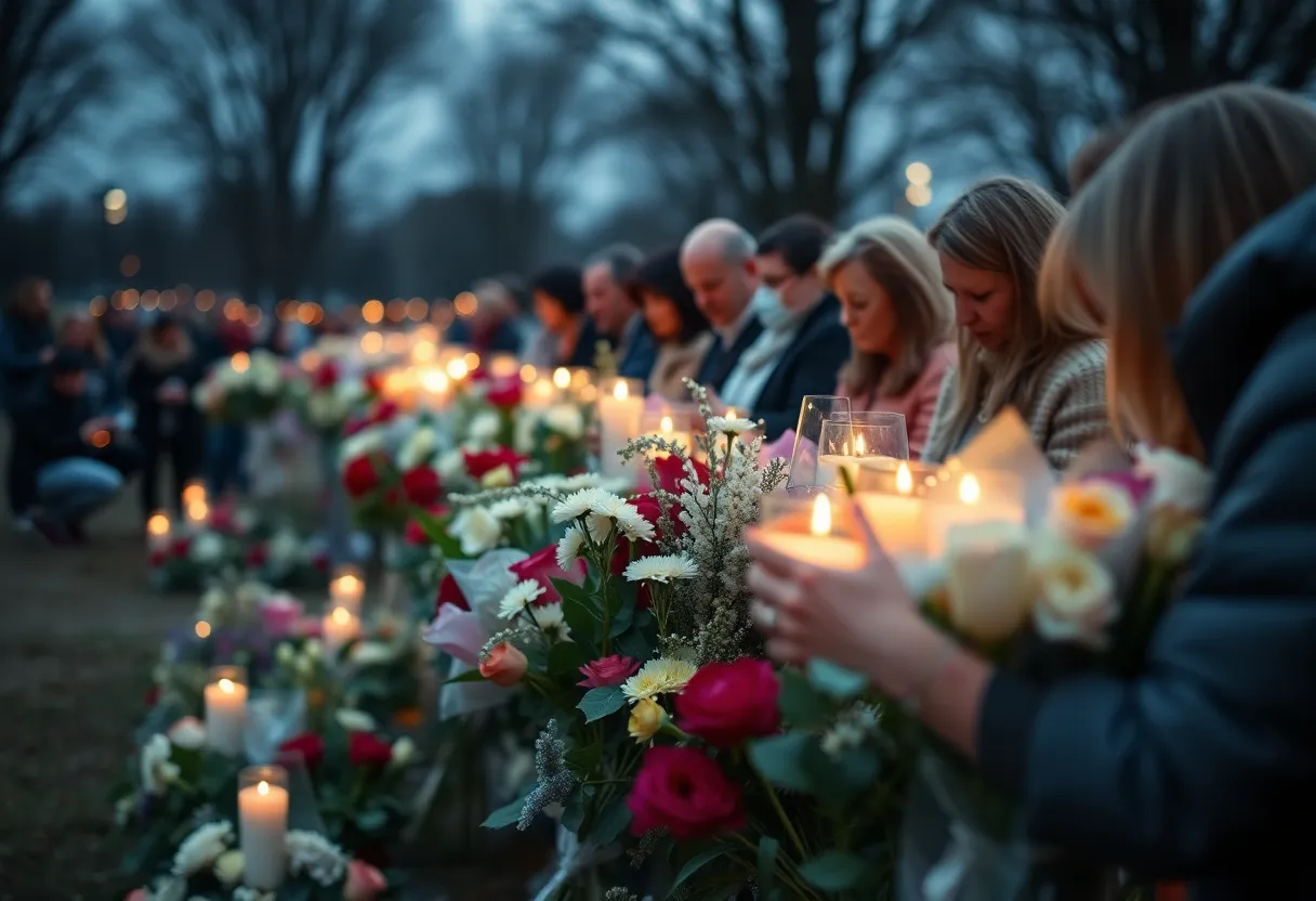 Community gathering in remembrance of Ira Don Marchbanks and Christopher Leigh Acosta with candles and flowers.