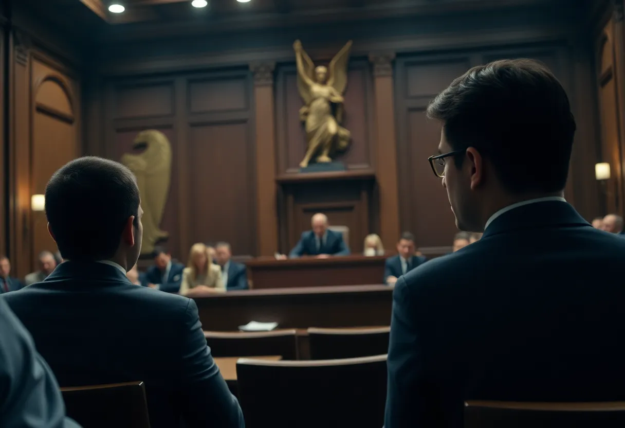 A courtroom with emotional tension symbolizing legal battles and controversy