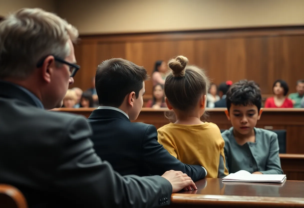 A courtroom setting emphasizing justice for victims of child abuse.