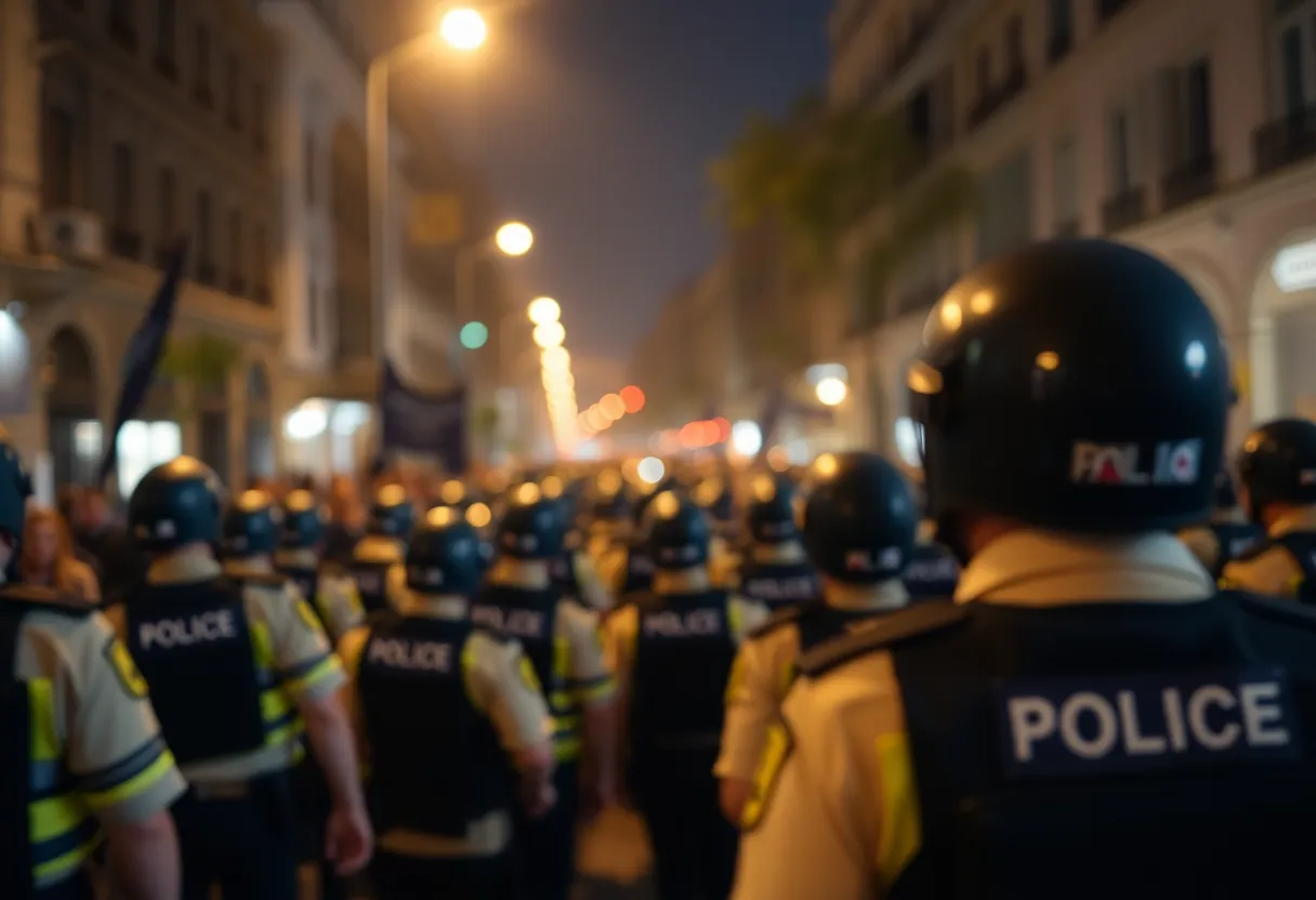 Crowd scene with police officers managing a situation in Austin.