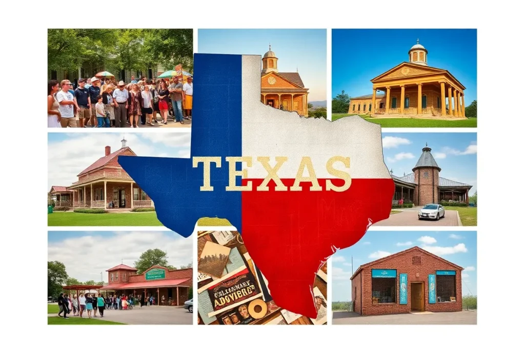 Collage of cultural experiences in Texas towns.