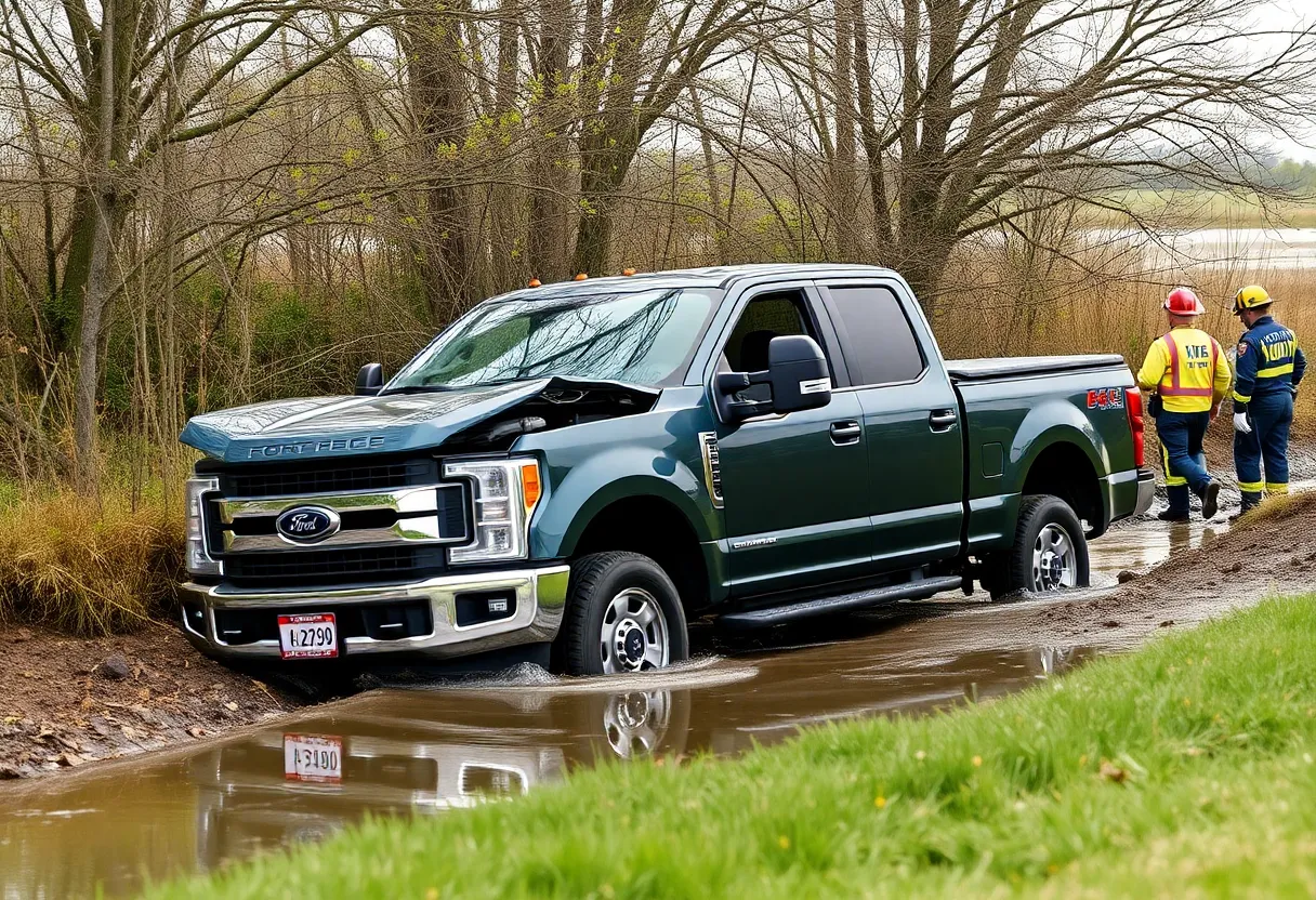 A pickup truck in a ditch following a crash