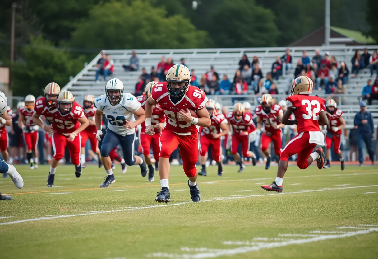 Football players from East View Patriots and Georgetown Eagles competing in a game.