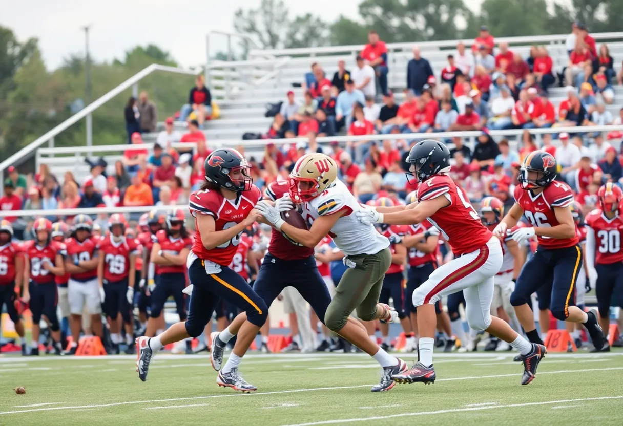 Players competing in a high school football game between East View Patriots and Georgetown Eagles.