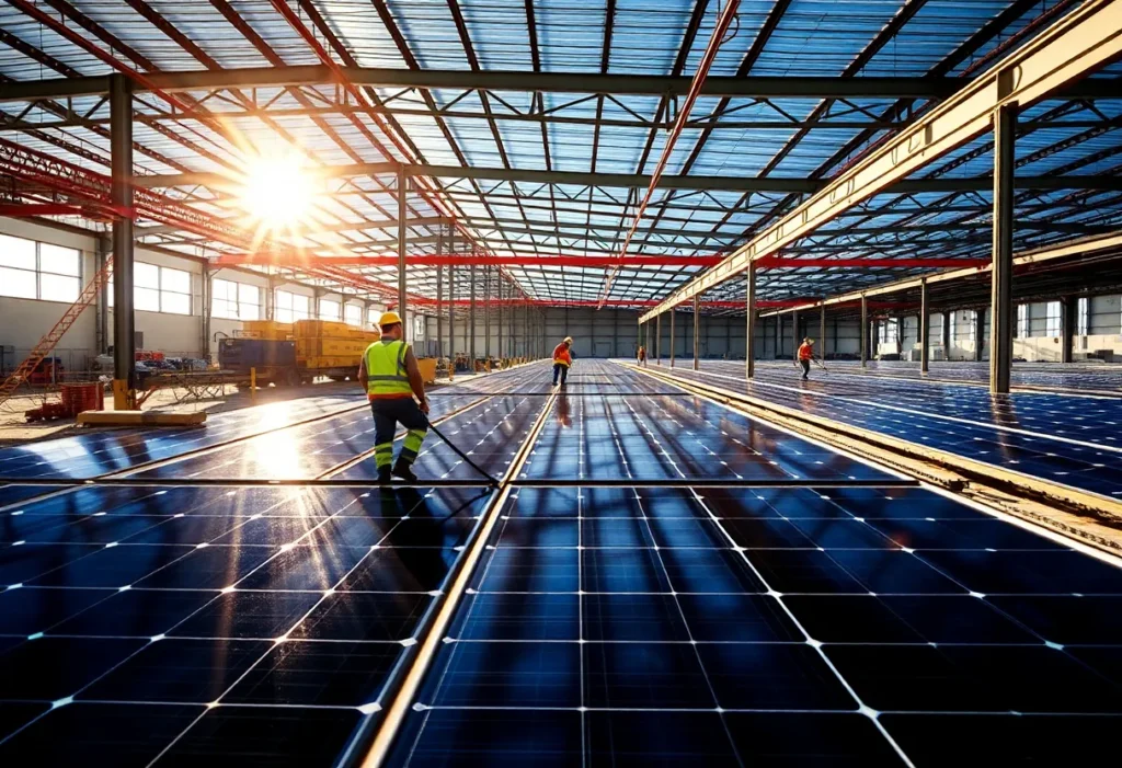 Workers in a solar energy manufacturing facility producing solar shingles.