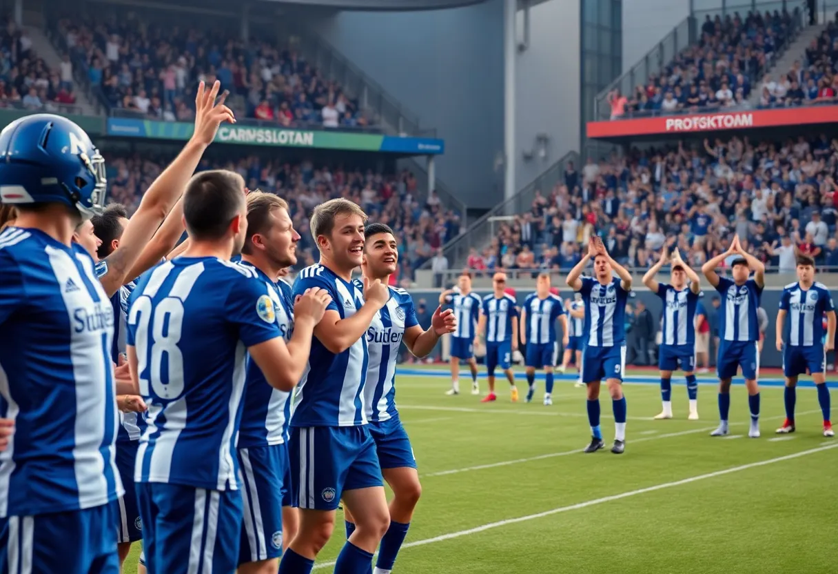 Georgetown Eagles team celebrating a football victory on the field.