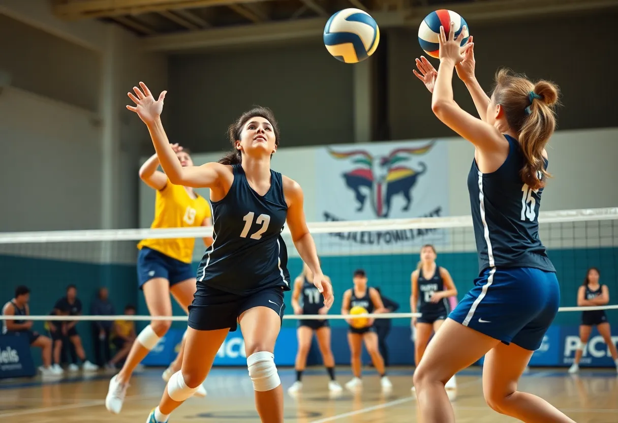 Volleyball players in action during a match between Georgetown Eagles and Pflugerville Panthers.