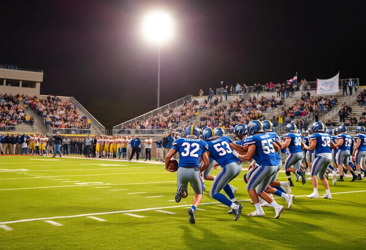Georgetown Eagles playing against Rouse Raiders in a football game under stadium lights.