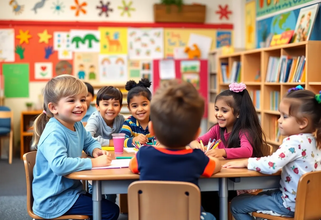 Children engaging in creative activities in a bright classroom