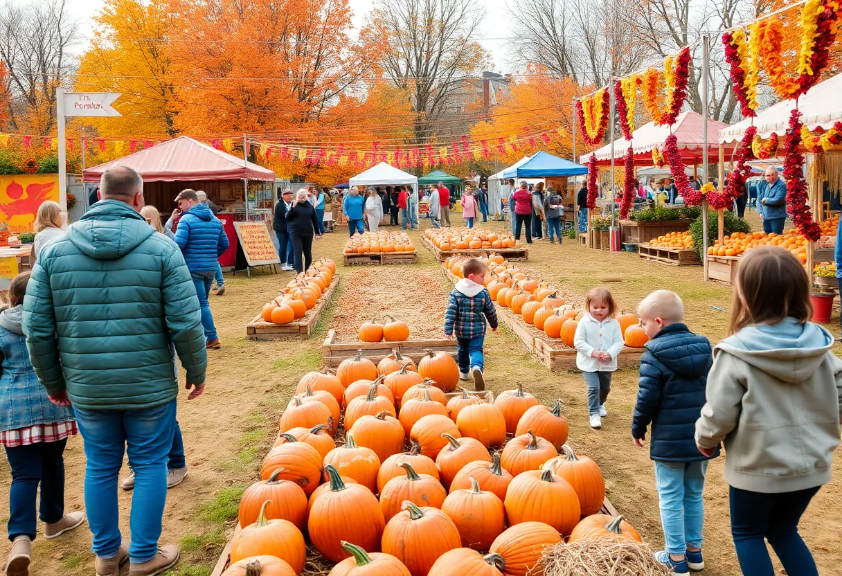 Families enjoy activities at the Georgetown Fall Festival with pumpkins and autumn scenery.