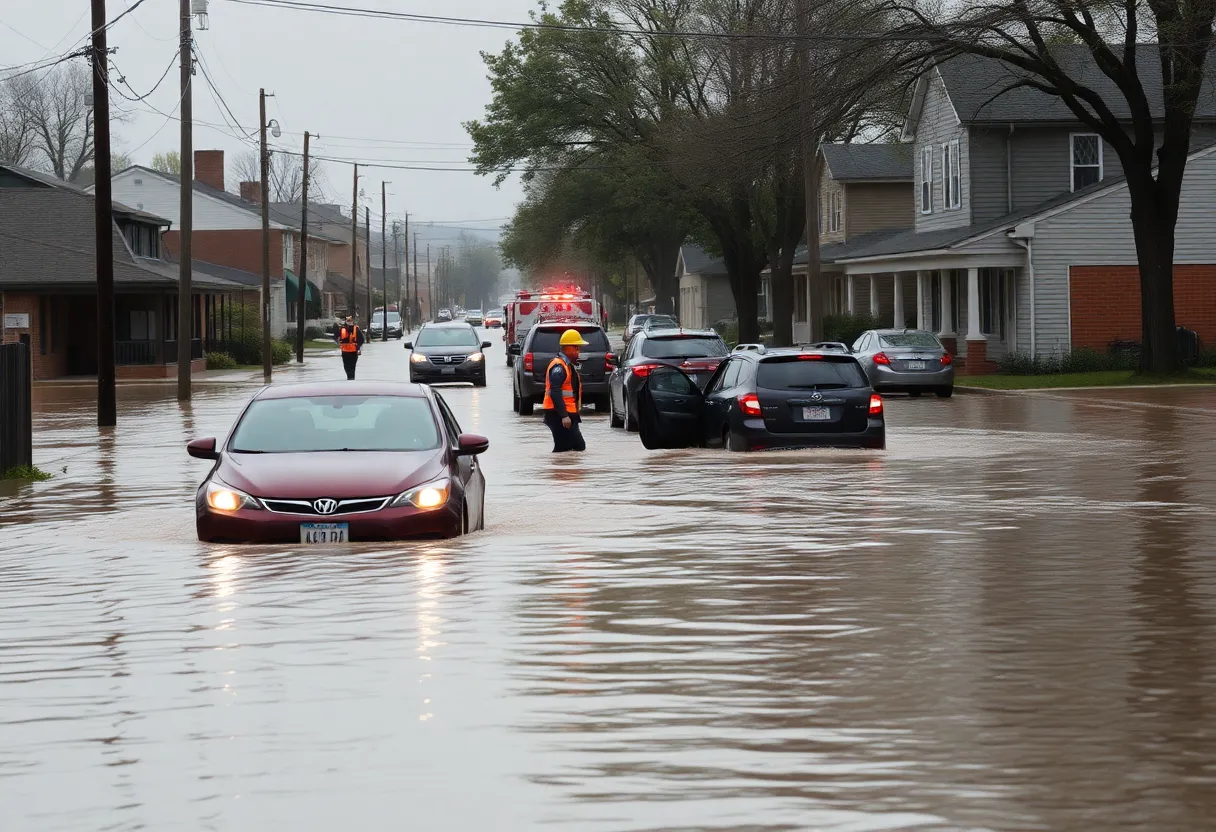 Aerial view of flooding in Georgetown, showing submerged streets and emergency services at work.