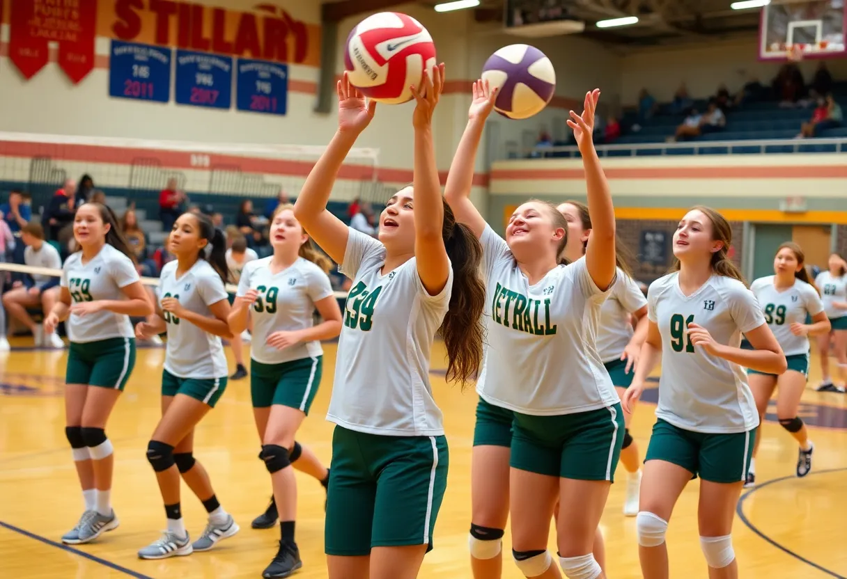 High school volleyball players representing Georgetown High School during a match.