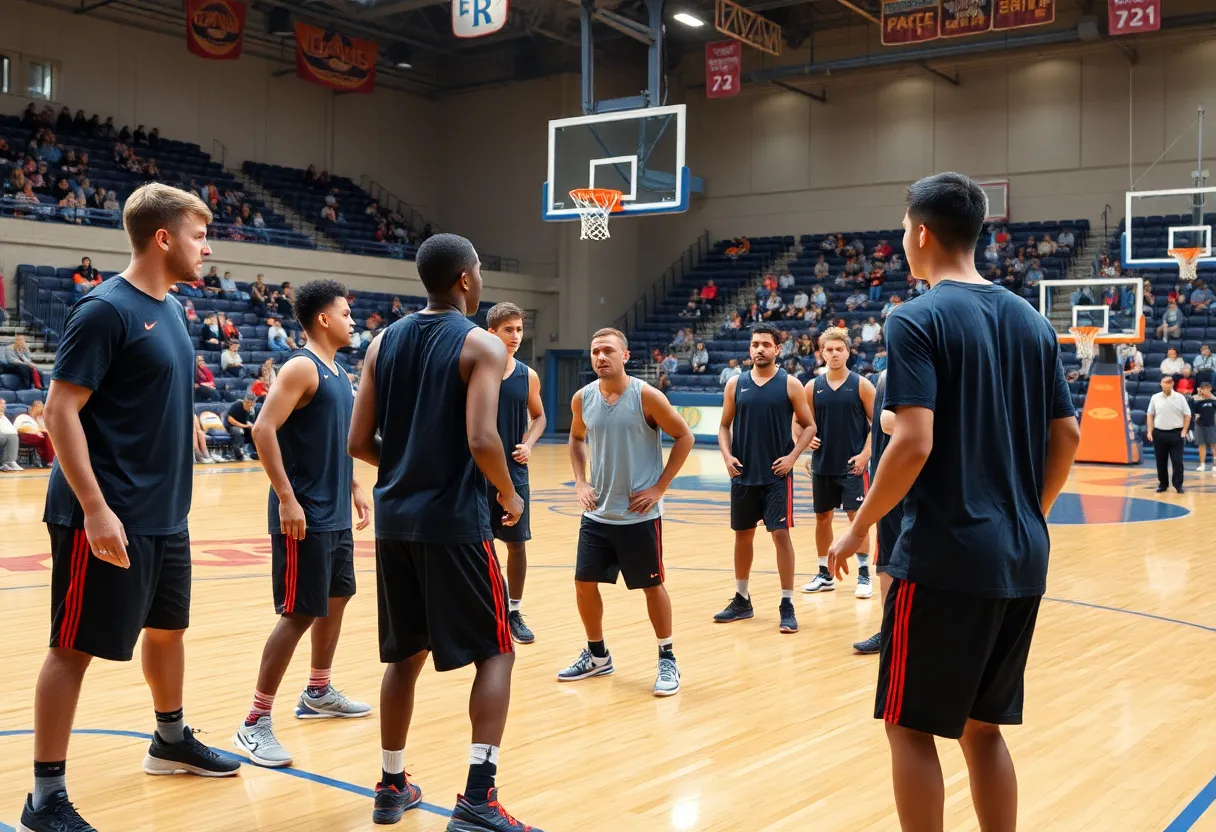 Georgetown Hoyas basketball team practicing on the court