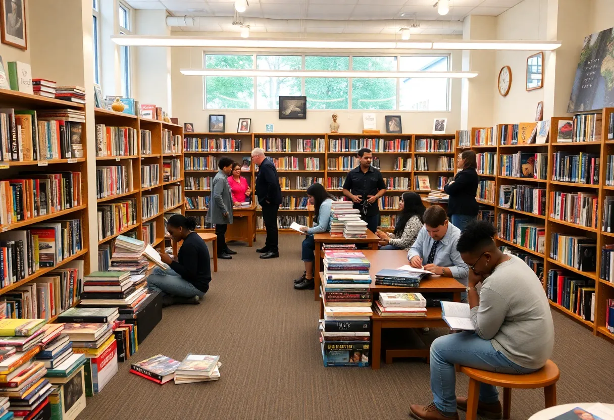 A bustling Georgetown library with visitors browsing books during a sale