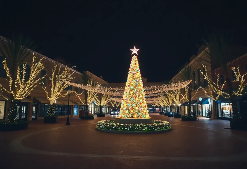 Georgetown Square illuminated with holiday lights