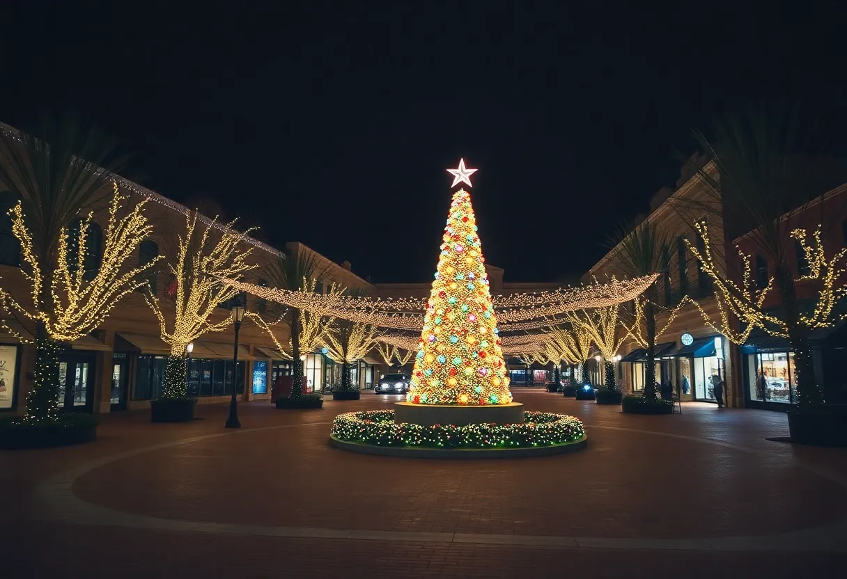 Georgetown Square illuminated with holiday lights