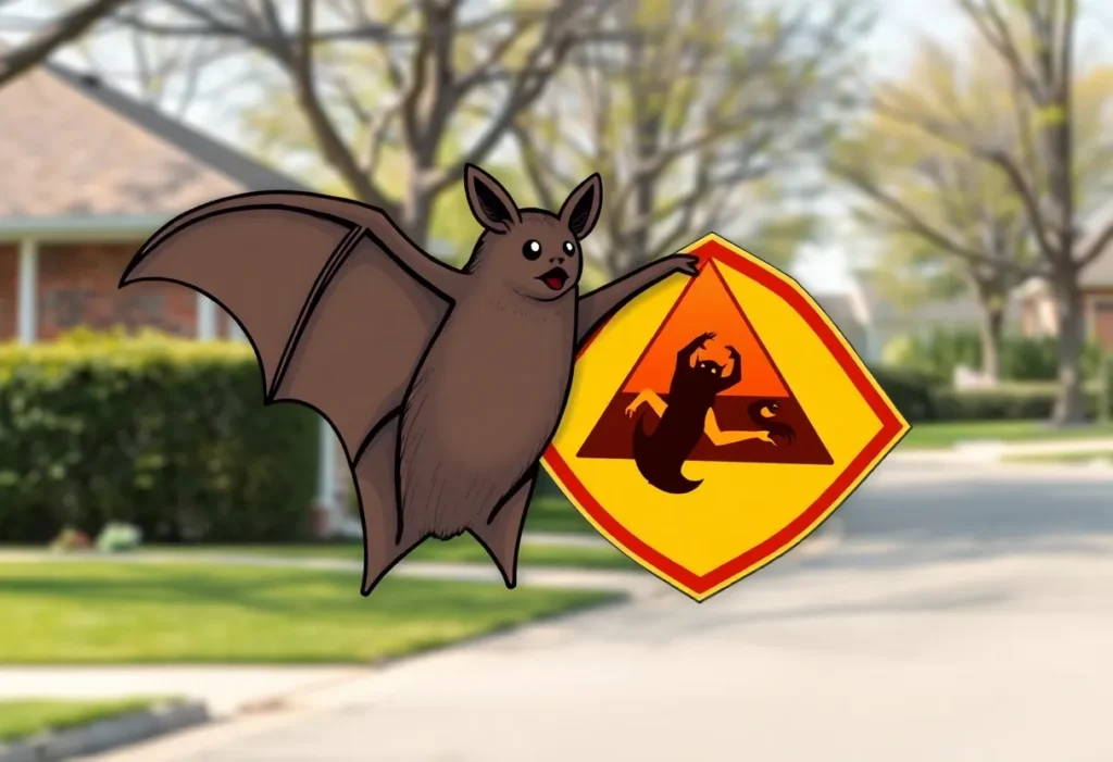 Illustrative image of a bat and a warning sign related to rabies alert
