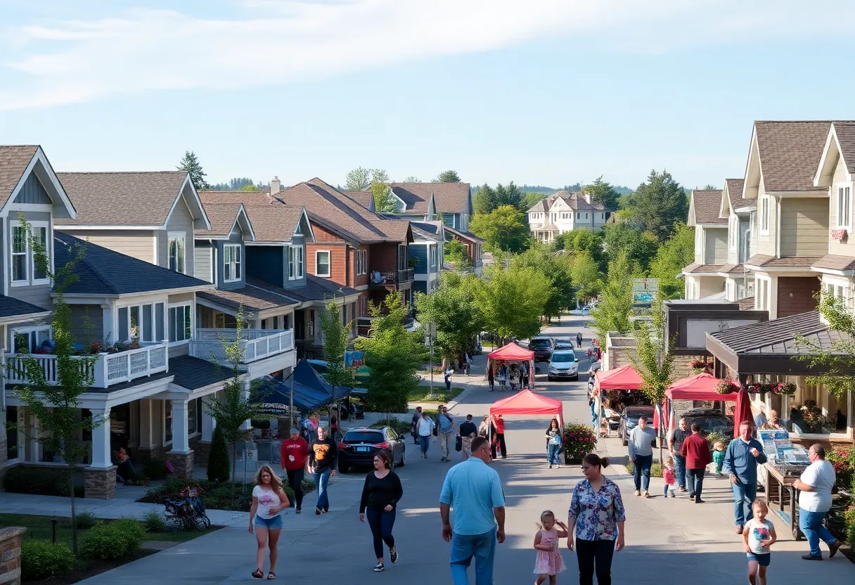 A community scene in Georgetown, Texas featuring modern homes and a lively downtown.