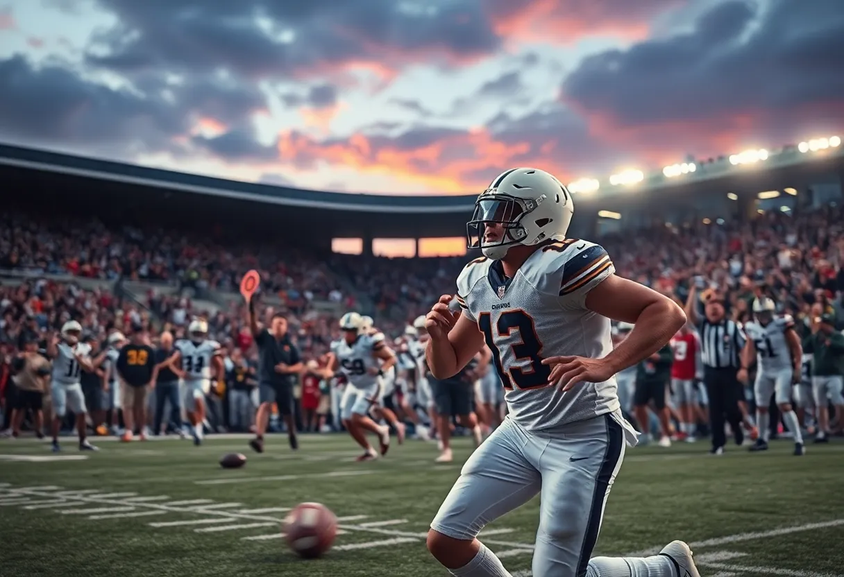 Georgetown University football players celebrating a touchdown victory