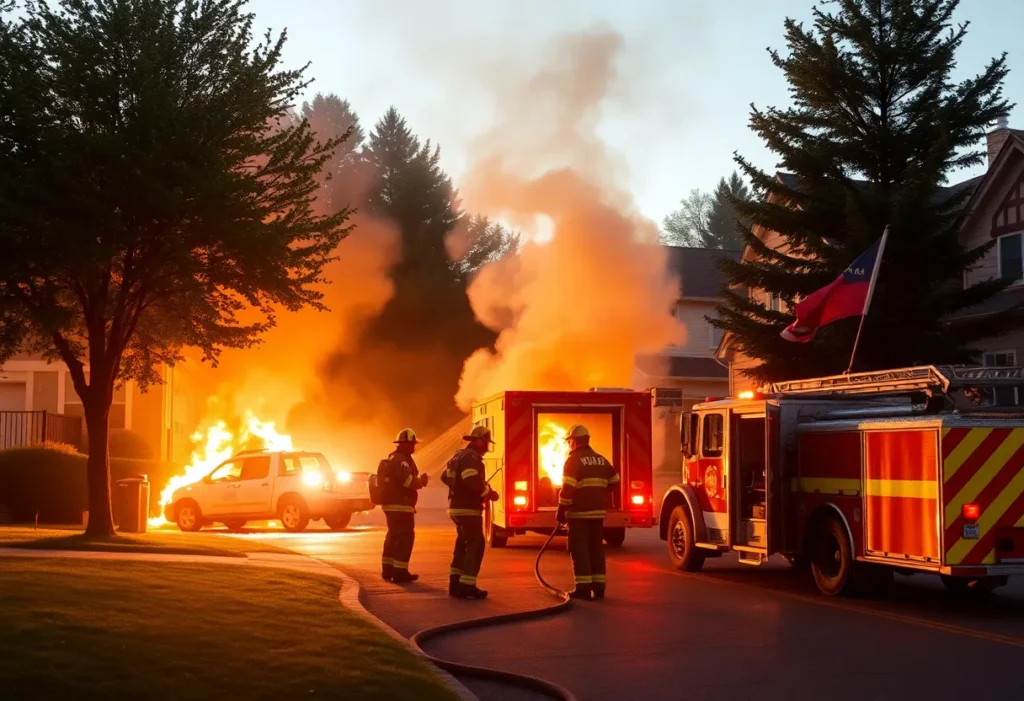 Emergency responders extinguishing a vehicle fire in Georgetown, Texas.