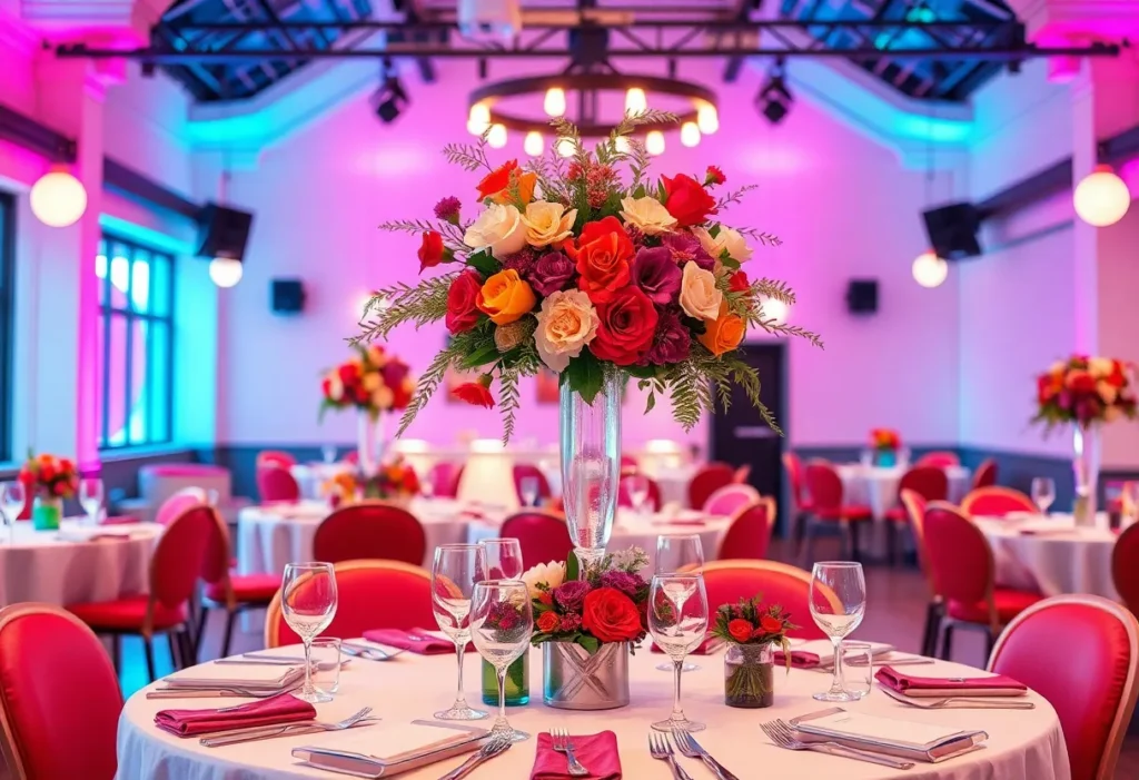 Decoration of a modern retro inspired wedding with vibrant colors.