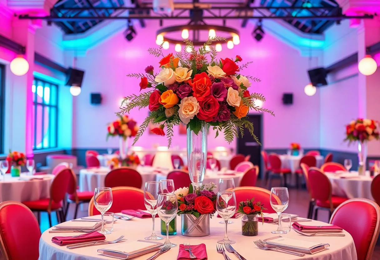 Decoration of a modern retro inspired wedding with vibrant colors.