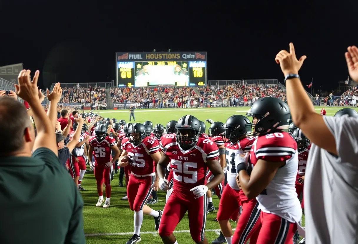 Players engaged in a Houston high school football game with a cheering crowd