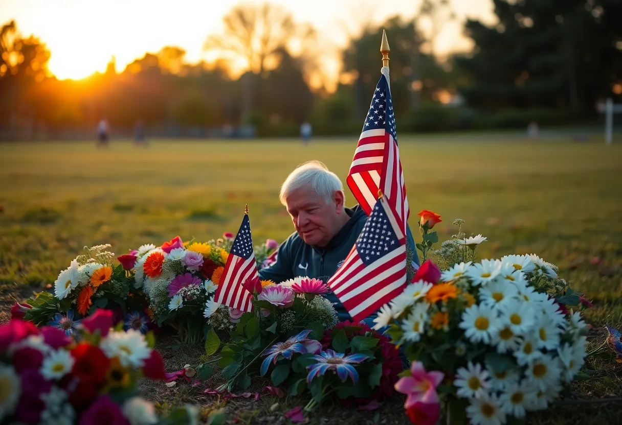 Memorial flowers and an American flag for Joe Schubert Watson